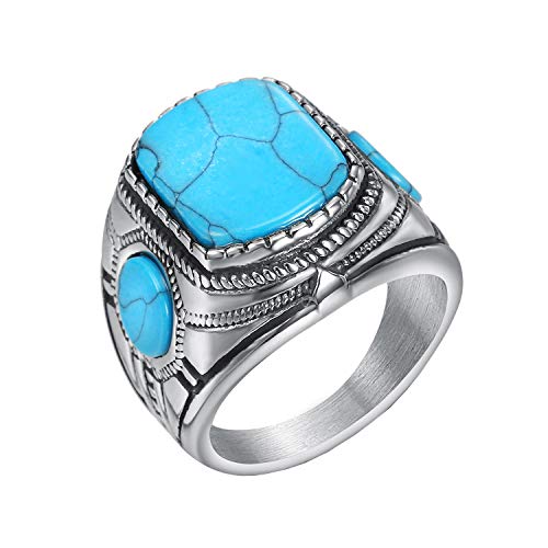 HIJONES Herren Jahrgang Blau Türkis Onyx Edelstein Ring aus Edelstahl Silber Größe 57 von HIJONES