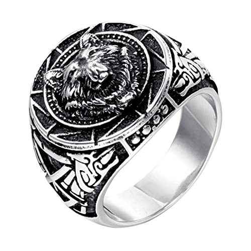 HIJONES Herren Jahrgang Runden Signet Wolf Ring Silber aus Edelstahl zum Paare Größe 70 (22.3) von HIJONES