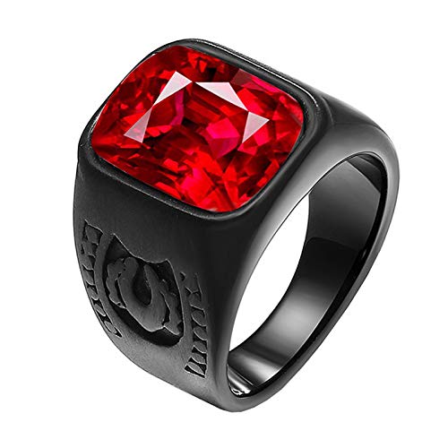 HIJONES Herren Quadrat Rot Glas Stein Hochzeit Ring Geschnitzt Schwarz Größe 68 von HIJONES