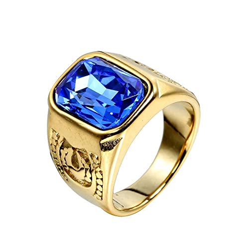 HIJONES Herren Retro Edelstein Ring aus Rostfreier Stahl Modeschmuck Als Jahrestag Weihnachten Geburtstag Geschenk Mit Wasserblaue Edelsteine Gold Größe 70 (22.3) von HIJONES