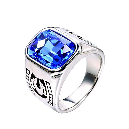 HIJONES Herren Retro Edelstein Ring aus Rostfreier Stahl Modeschmuck Als Jahrestag Weihnachten Geburtstag Geschenk Mit Wasserblaue Edelsteine Silber Größe 62 (19.7) von HIJONES