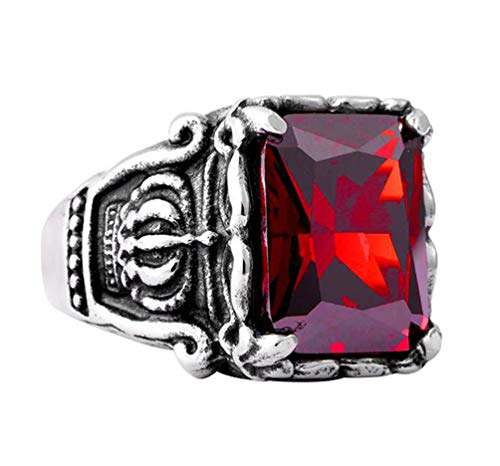 HIJONES Herren Retro Königlich Edelstein Krone Ring aus Edelstahl mit Zirkonia Quadratischer Rot Größe 70 von HIJONES