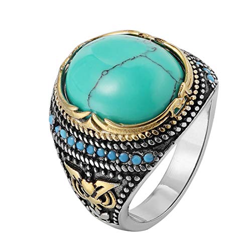 HIJONES Herren Retro Königlich Oval Türkis Stein Hochzeit Ring aus Edelstahl Exquisit Geschnitzt Silber Gold Größe 54 von HIJONES