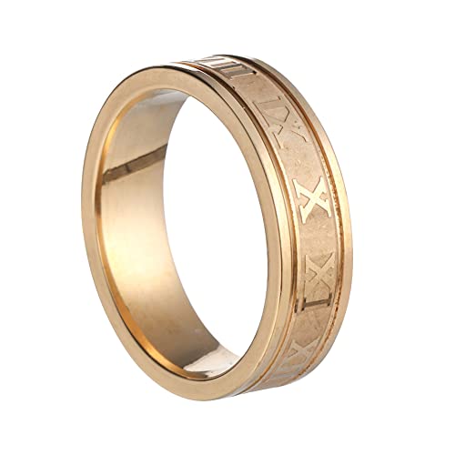 HIJONES Herren Ring Mit Römischen Ziffern aus Rostfreier Stahl Schlichter Eleganter Schmuck 6MM Gold Größe 68 (21.6) von HIJONES