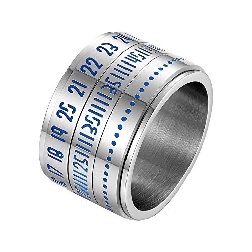 HIJONES Herren Ring Rostfreier Stahl Rotierende Nachtleuchtende Blaue Arabische Ziffern Silber Größe 60 von HIJONES