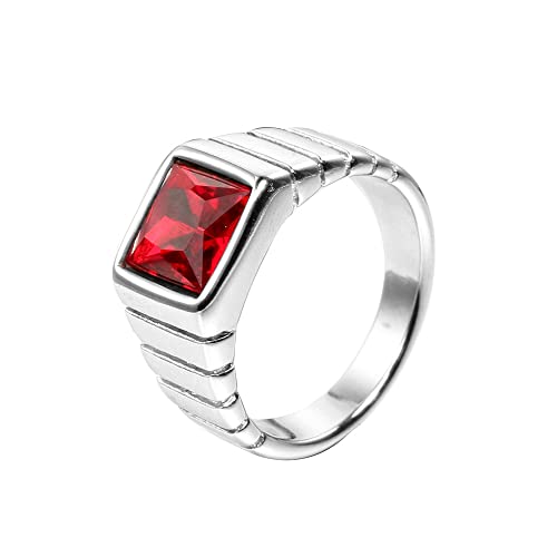 HIJONES Herren Rot Stein Ring Edelstahl Quadratisch Kristall Edelstein Einfach Vintage Statement Ringe Silber Größe 70 von HIJONES