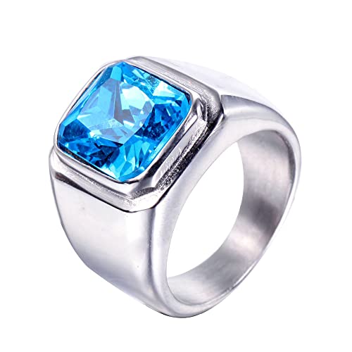 HIJONES Herren Stein Ring Edelstahl Große Quadratische Zirkonia Vintage Statement Ringe Silber Himmelblau Größe 52 von HIJONES