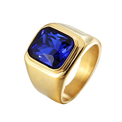 HIJONES Herren Stein Ring Vergoldet Edelstahl Große Quadratische Zirkonia Vintage Statement Ringe Marineblau Größe 72 von HIJONES