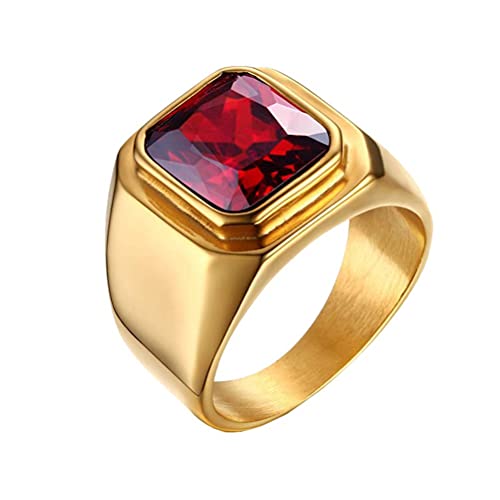 HIJONES Herren Stein Ring Vergoldet Edelstahl Große Quadratische Zirkonia Vintage Statement Ringe Rot Größe 65 von HIJONES