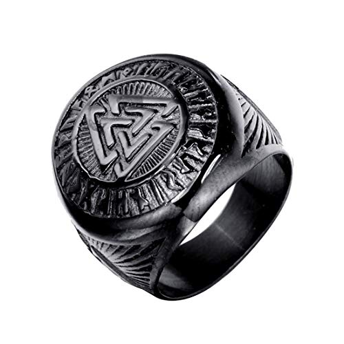 HIJONES Herren Valknut Nordischer Wikinger Odin Symbol Ring aus Edelstahl Krieger Motorradfahrer Signierter Ringe Schwarz Größe 60 von HIJONES