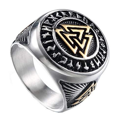 HIJONES Herren Valknut Nordischer Wikinger Odin Symbol Ring aus Edelstahl Krieger Motorradfahrer Signierter Ringe Silber Größe 60 von HIJONES