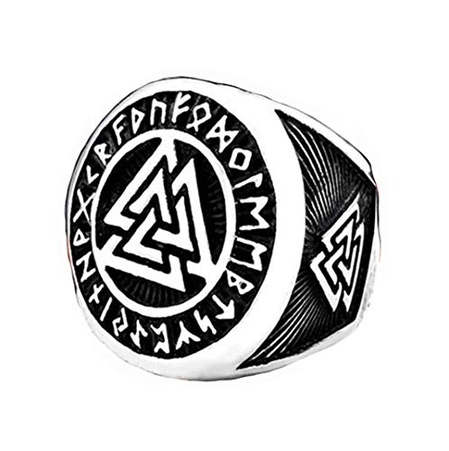 HIJONES Herren Valknut Nordischer Wikinger Odin Symbol Ring aus Edelstahl Krieger Motorradfahrer Signierter Ringe Silber Schwarz Größe 62 von HIJONES