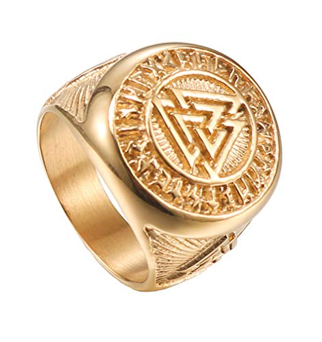 HIJONES Herren Valknut Nordischer Wikinger Odin Symbol Ring aus Edelstahl Krieger Motorradfahrer Signierter Ringe Volles Gold Größe 62 von HIJONES