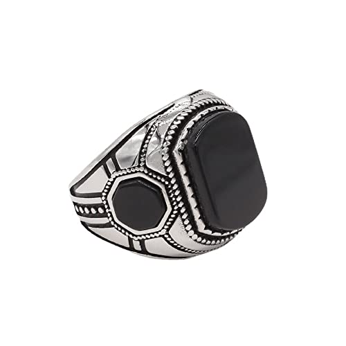 HIJONES Herren Vintage Edelstein Onyx Ring aus Rostfreier Stahl Eheringe aus Stein Silber-Schwarzer Edelstein Größe 65 (20.7) von HIJONES