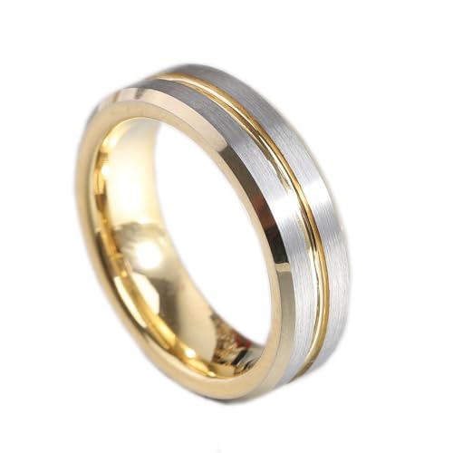 HIJONES Herren Wolfram Stahl Center Groove Matte Ring Personalisiertes Glänzend Poliertes Kantenband 6MM Silber-Gold Größe 65 (20.7) von HIJONES