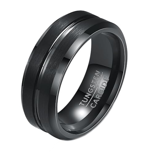 HIJONES Herren Wolfram Stahl Center Groove Matte Ring Personalisiertes Glänzend Poliertes Kantenband 8MM Schwarz Größe 68 (21.6) von HIJONES