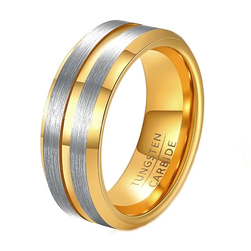 HIJONES Herren Wolfram Stahl Center Groove Matte Ring Personalisiertes Glänzend Poliertes Kantenband 8MM Silber-Gold Größe 54 (17.2) von HIJONES