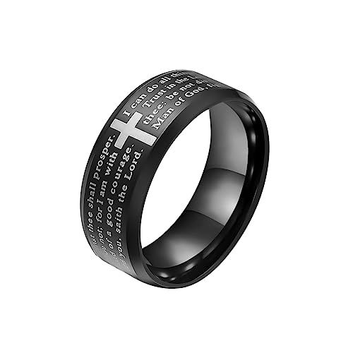 HIJONES Herren Wolframkarbid Kreuz Gott Ring Graviert Bibel Vers Lords Prayer 8MM Breit Comfort Fit Schwarz Größe 57 von HIJONES