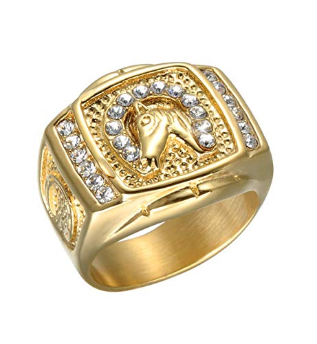 HIJONES Herren Zirkonia Inkrustiert Gotisch Punk Tier Pferdekopf Ringe aus Rostfreier Stahl Gold Größe 62 von HIJONES