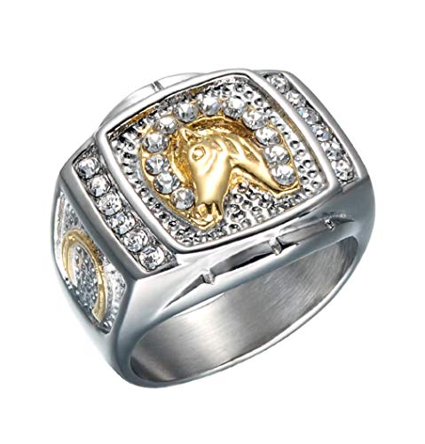 HIJONES Herren Zirkonia Inkrustiert Gotisch Punk Tier Pferdekopf Ringe aus Rostfreier Stahl Silber Größe 70 von HIJONES