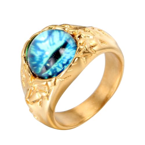 HIJONES Herrenring aus Edelstahl mit Drachenauge Vintage Gothic Biker Hip Hop Schmuck Goldenes Hellblaues Auge Größe 54 (17.2) von HIJONES