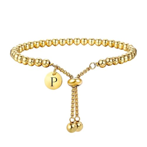 HIJONES Initialen Armband für Damen Edelstahl Verstellbare Schieberkette Personalisiert 26 Buchstaben Alphabet Schmuck Gold P von HIJONES