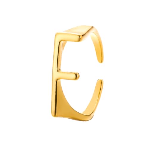 HIJONES Initialenring für Damen Verstellbar Stapelbar Alphabet Offene Ringe Einfach Schlichtes Hochzeitsband Gold F von HIJONES