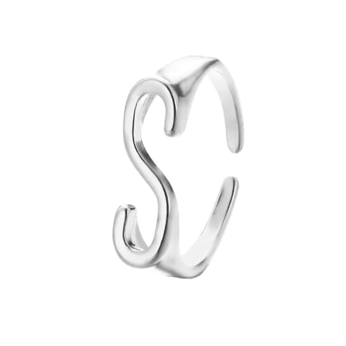 HIJONES Initialenring für Damen Verstellbar Stapelbar Alphabet Offene Ringe Einfach Schlichtes Hochzeitsband Silber S von HIJONES