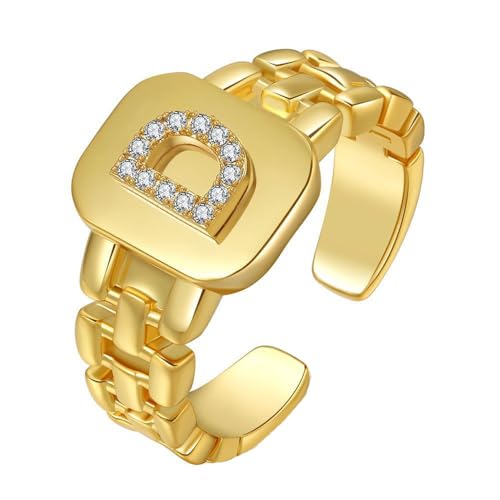 HIJONES Initialenring mit Diamant für Damen Verstellbar Stapelbarer Offener Alphabet Ring Einfacher Statement Ehering Gold D von HIJONES