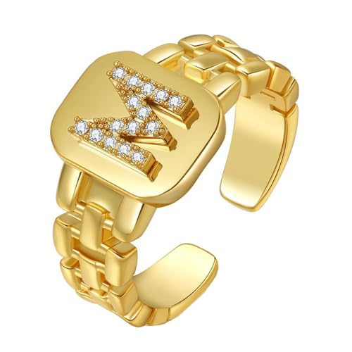 HIJONES Initialenring mit Diamant für Damen Verstellbar Stapelbarer Offener Alphabet Ring Einfacher Statement Ehering Gold M von HIJONES