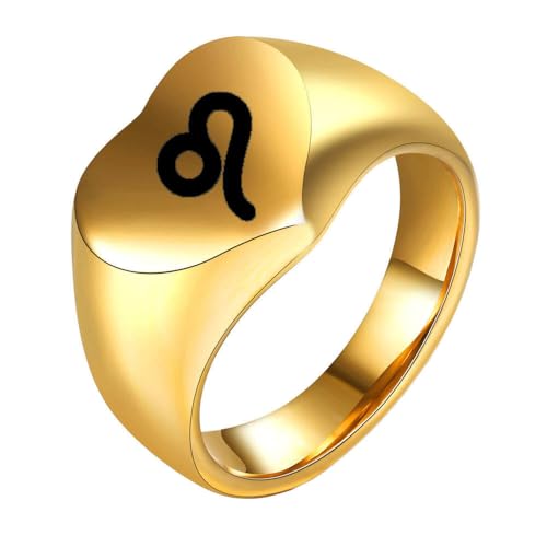 HIJONES Liebesherz Retro Ring mit Tierkreiszeichen Edelstahl Spiegelpoliert Individualisierbarer Unisex Schmuck Goldener Löwe Größe 62 (19.7) von HIJONES