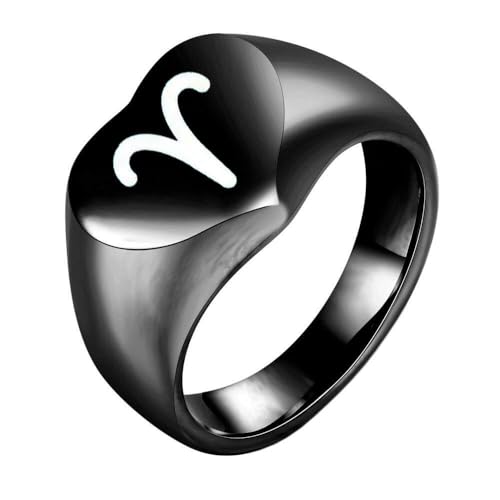 HIJONES Liebesherz Retro Ring mit Tierkreiszeichen Edelstahl Spiegelpoliert Individualisierbarer Unisex Schmuck Schwarzer Widder Größe 50 (15.9) von HIJONES