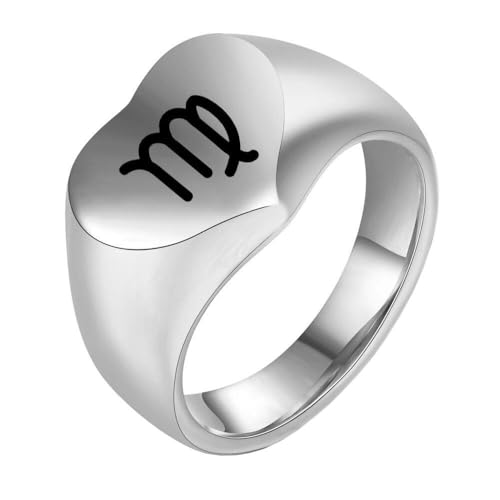 HIJONES Liebesherz Retro Ring mit Tierkreiszeichen Edelstahl Spiegelpoliert Individualisierbarer Unisex Schmuck Silberne Jungfrau Größe 68 (21.6) von HIJONES