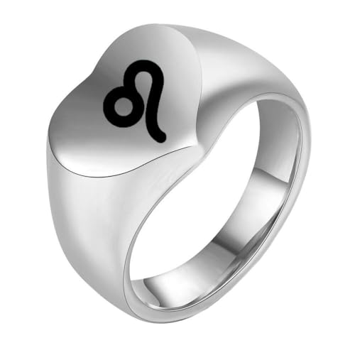 HIJONES Liebesherz Retro Ring mit Tierkreiszeichen Edelstahl Spiegelpoliert Individualisierbarer Unisex Schmuck Silberner Löwe Größe 62 (19.7) von HIJONES