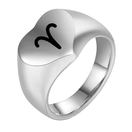HIJONES Liebesherz Retro Ring mit Tierkreiszeichen Edelstahl Spiegelpoliert Individualisierbarer Unisex Schmuck Silberner Widder Größe 52 (16.6) von HIJONES