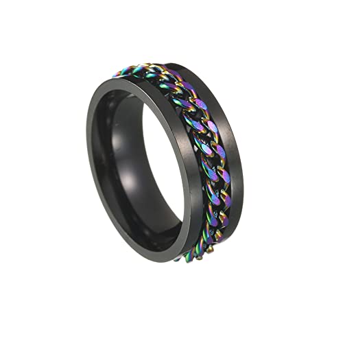 HIJONES Männer Frauen 8MM Klasse Drehbare Kette Sorge Ring aus Rostfreier Stahl Band Für Menschen Mit Angstzuständen Schwarzer Regenbogen Größe 52 (16.6) von HIJONES