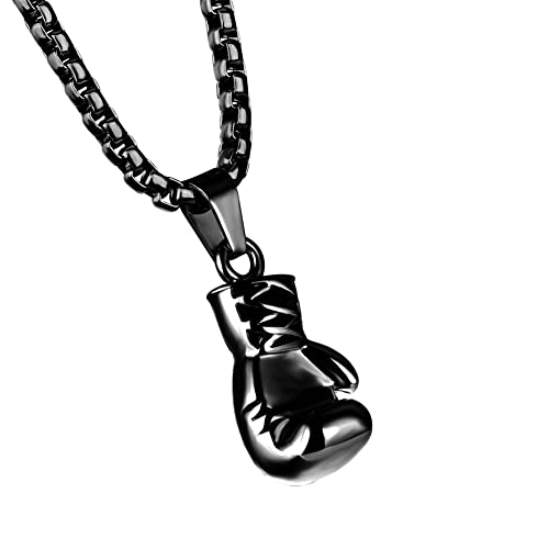 HIJONES Männer Frauen Boxhandschuhe Kette Anhänger Halskette aus Rostfreier Stahl Punk-Sportschmuck Für Paare Schwarz Mit Kette (Damen) von HIJONES