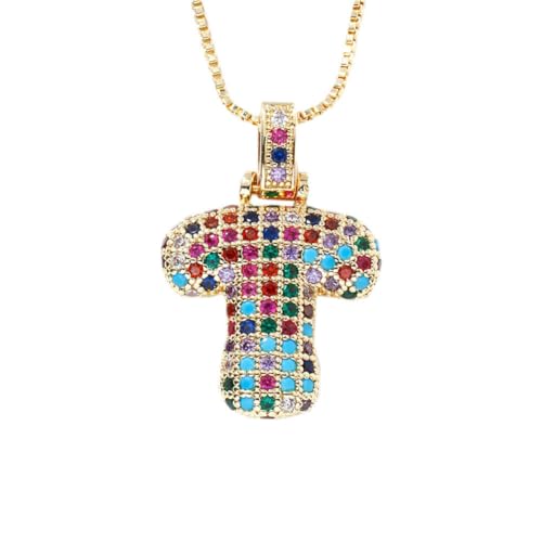 HIJONES Mehrfarbiger Zirkonia-Anhänger mit 26 Buchstaben für Damen Edelstahl Schmuck mit Anfangsbuchstaben des Vornamens Gold T von HIJONES
