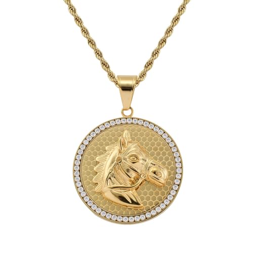HIJONES Pferdekopf Halskette für Herren Damen Edelstahl Runde Tier Diamant Scheibe Anhänger Schmuckkette Gold von HIJONES