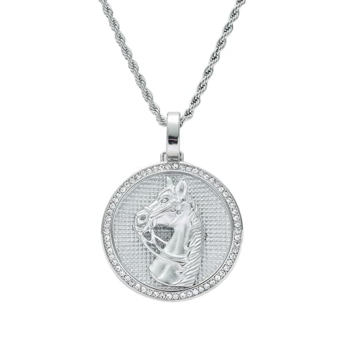 HIJONES Pferdekopf Halskette für Herren Damen Edelstahl Runde Tier Zirkonia Scheibe Anhänger Schmuck Kette Silber von HIJONES