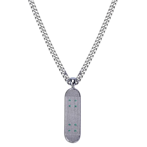 HIJONES Skateboard Halskette mit grünem Zirkonia für Frauen Männer Edelstahl Vintage Hip Hop Anhänger Schmuckkette Silber von HIJONES