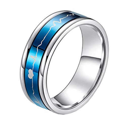 HIJONES Unisex 7MM Liebe ECG Herzschlag Spinner Ring aus Edelstahl Eheringe Hochzeit Versprechen Ringe Blau Größe 57 von HIJONES