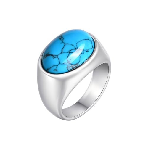 HIJONES Unisex Edelstahl Agat Edelstein Eingelegter Silberner Verlobungsring Solider Glänzender Ehering Blauer Stein Größe 68 (21.6) von HIJONES