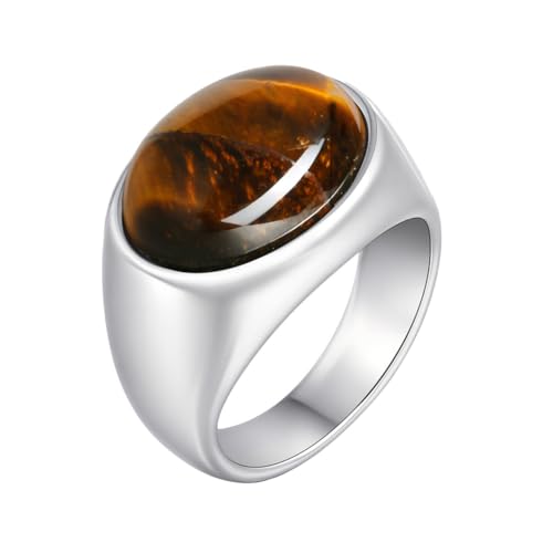 HIJONES Unisex Edelstahl Agat Edelstein Eingelegter Silberner Verlobungsring Solider Glänzender Ehering Brauner Stein Größe 70 (22.3) von HIJONES