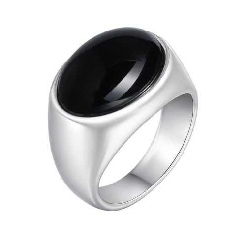 HIJONES Unisex Edelstahl Agat Edelstein Eingelegter Silberner Verlobungsring Solider Glänzender Ehering Schwarzer Stein Größe 65 (20.7) von HIJONES