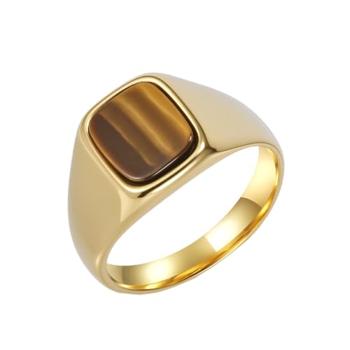 HIJONES Unisex Edelstahl Großes Quadrat Achat Tigerauge Edelstein Paar Ehering Massiv Plattiert Versprechen Fingerband Gold Brauner Stein Größe 68 (21.6) von HIJONES