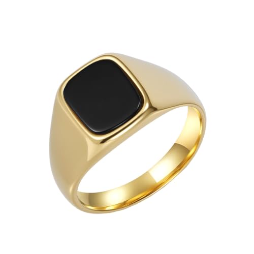 HIJONES Unisex Edelstahl Großes Quadrat Achat Tigerauge Edelstein Paar Ehering Massiv Plattiert Versprechen Fingerband Gold Schwarzer Stein Größe 60 (19.1) von HIJONES