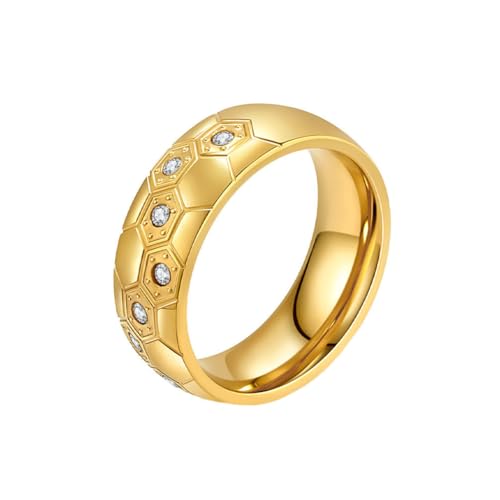 HIJONES Unisex Edelstahl Hexagon Cubic Zirkonia Inlay Fußball Oberfläche Paar Verlobungsring Glänzend Plattiert Ehering Gold Größe 62 (19.7) von HIJONES