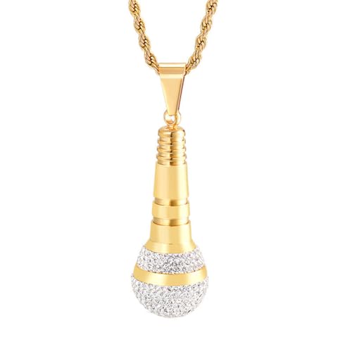 HIJONES Unisex Edelstahl Hip Hop Pave Zirkonia Mikrofon Musik Anhänger Halskette Mit Gedrehter Seilkette Gold von HIJONES