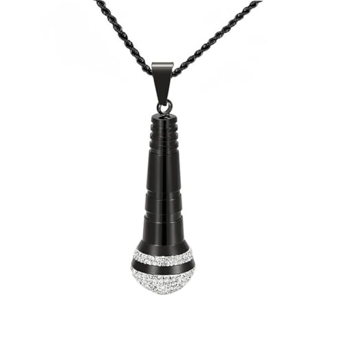 HIJONES Unisex Edelstahl Hip Hop Pave Zirkonia Mikrofon Musik Anhänger Halskette Mit Gedrehter Seilkette Schwarz von HIJONES